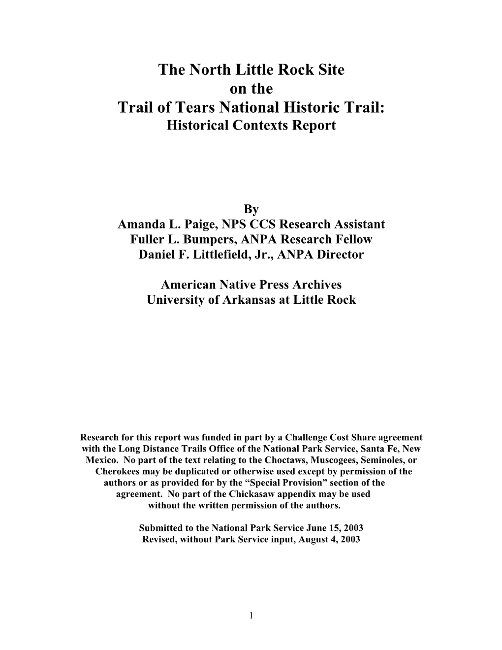 The North Little Rock Site on the Trail of Tears National Historic Trail: Historical Contexts Report