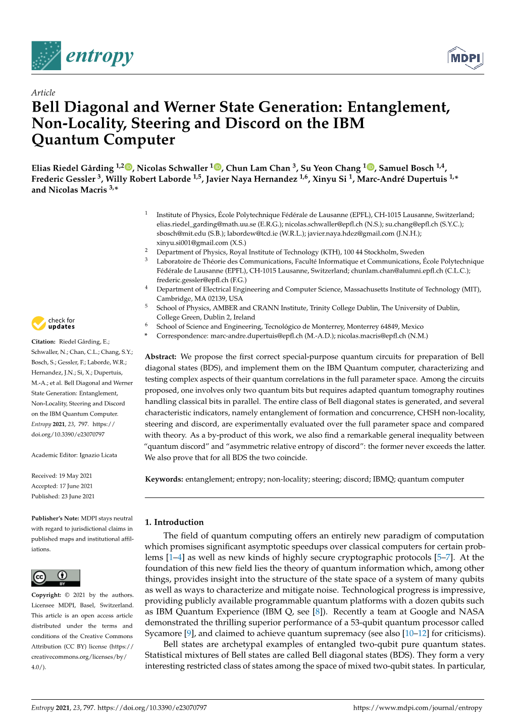 Bell Diagonal and Werner State Generation: Entanglement, Non-Locality, Steering and Discord on the IBM Quantum Computer