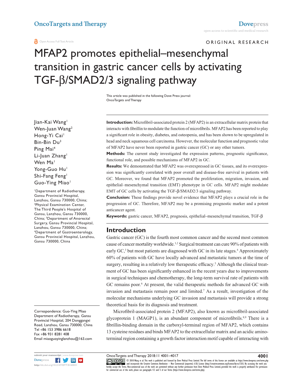 MFAP2 Promotes Epithelial–Mesenchymal Transition in Gastric Cancer Cells by Activating TGF-Β/SMAD2/3 Signaling Pathway