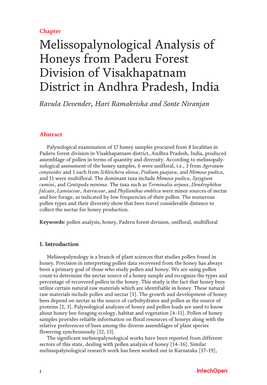 Melissopalynological Analysis of Honeys from Paderu Forest Division of Visakhapatnam District in Andhra Pradesh, India