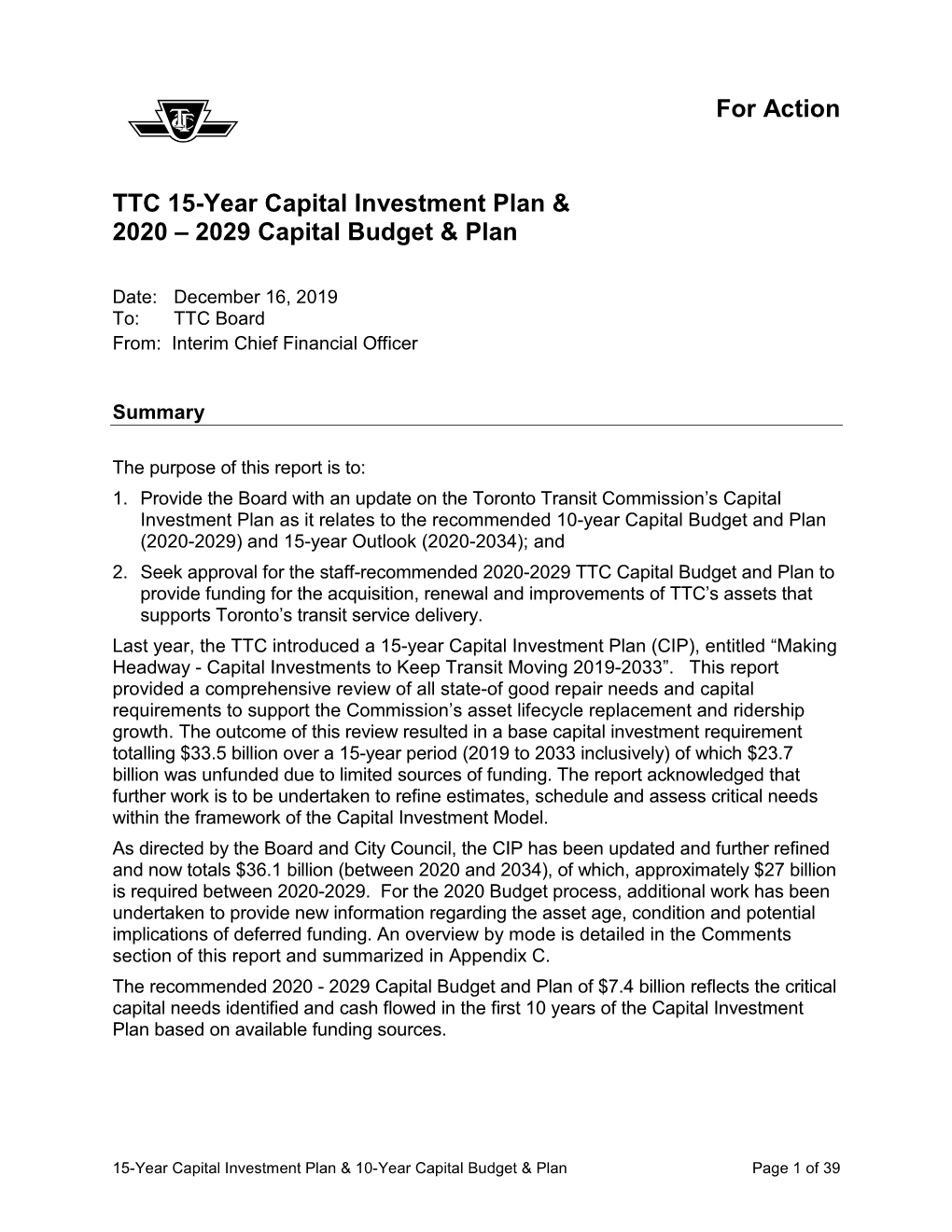 For Action TTC 15-Year Capital Investment Plan & 2020