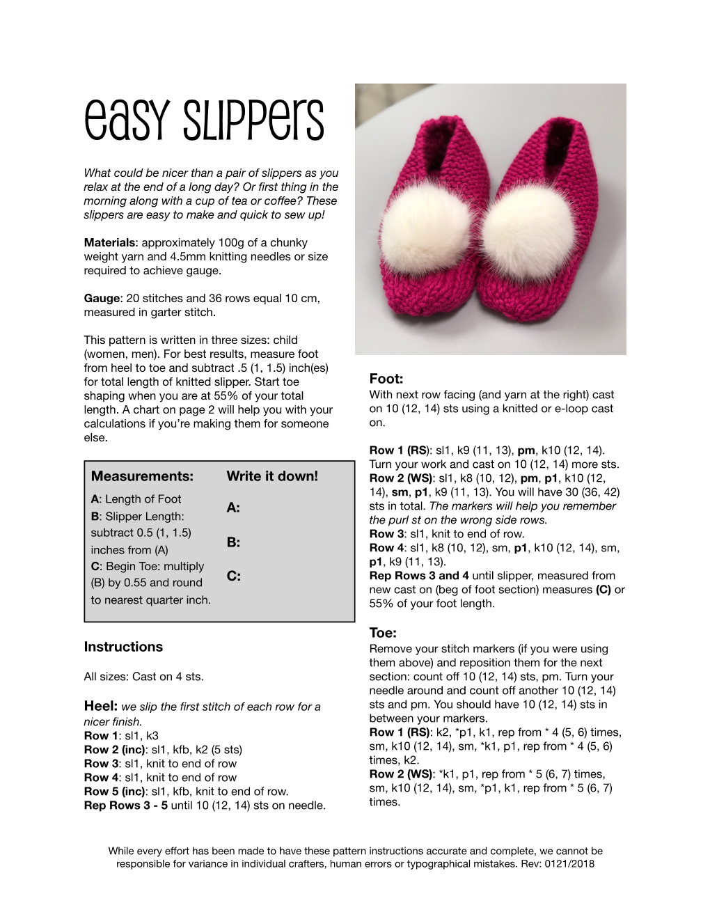 Easy Slippers Knit Flat