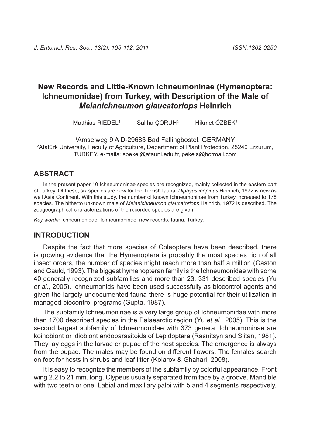 Hymenoptera: Ichneumonidae) from Turkey, with Description of the Male of Melanichneumon Glaucatoriops Heinrich