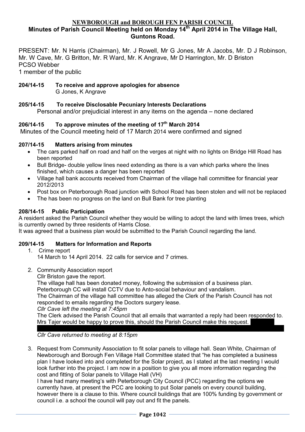 NEWBOROUGH and BOROUGH FEN PARISH COUNCIL Minutes of Parish Council Meeting Held on Monday 14Th April 2014 in the Village Hall, Guntons Road