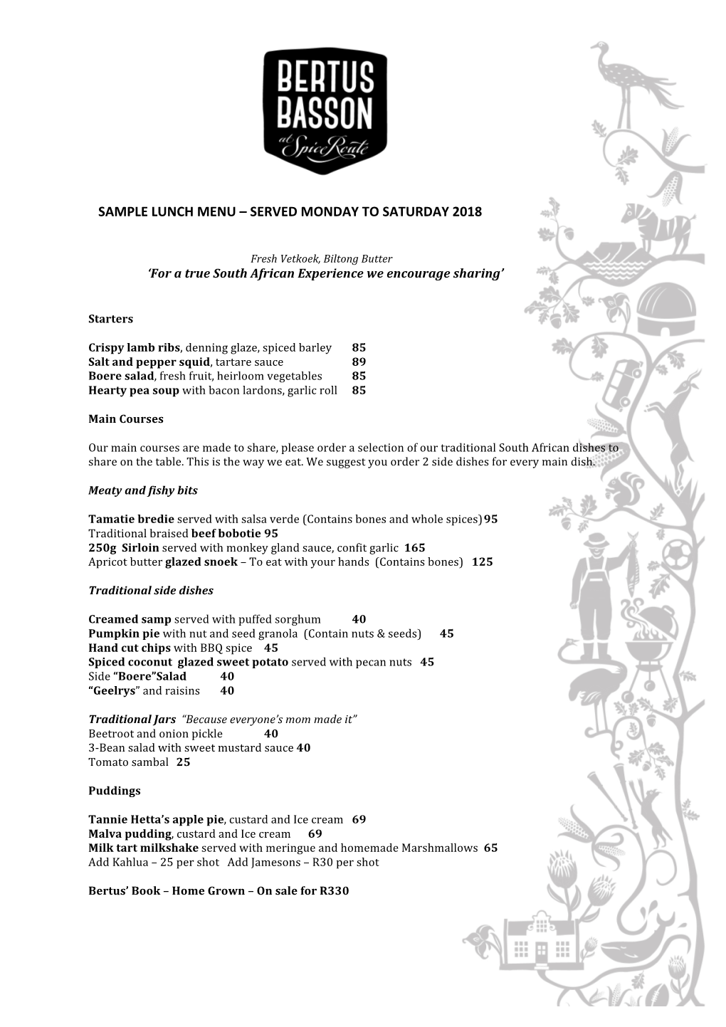 Sample Lunch Menu – Served Monday to Saturday 2018