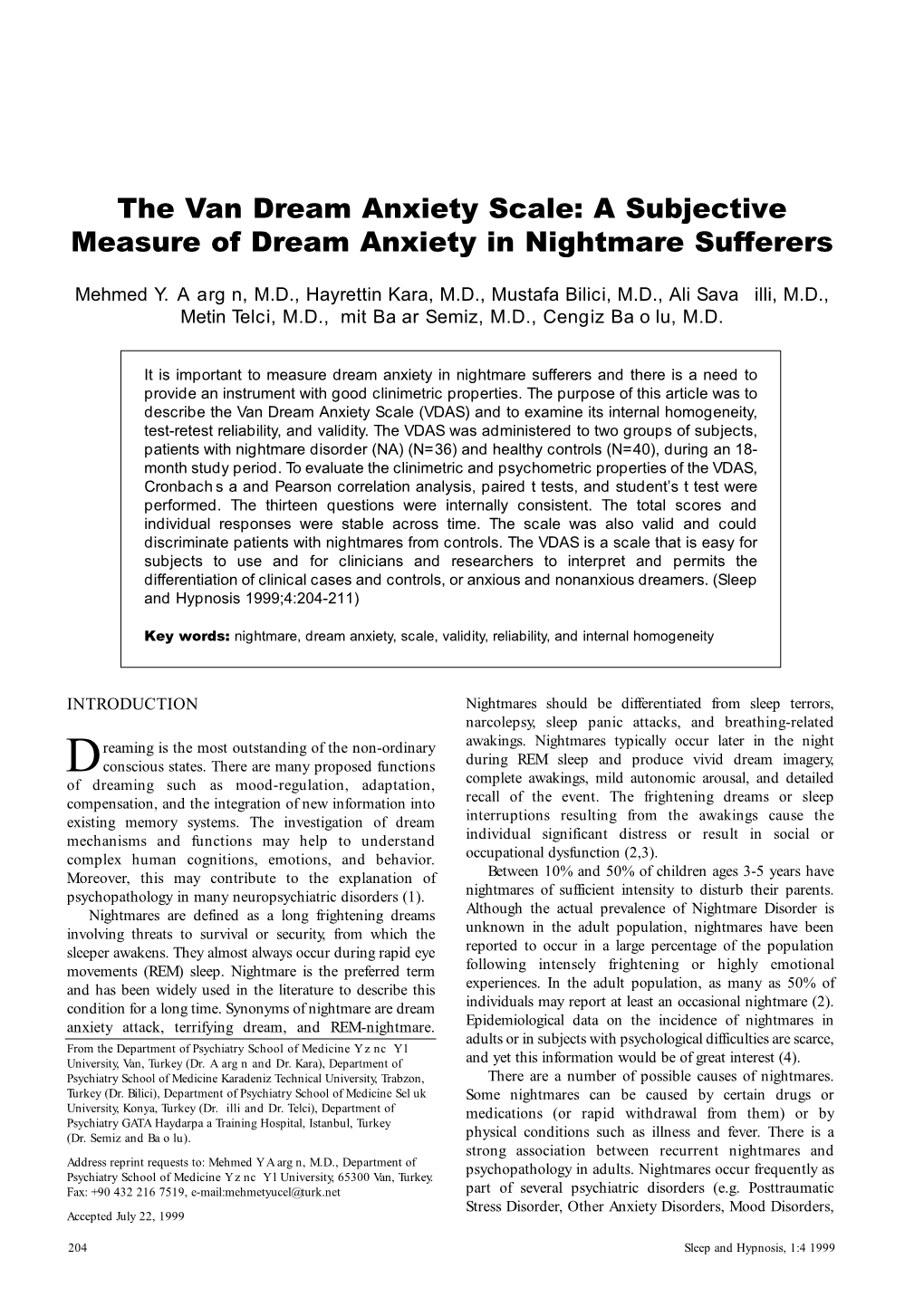 The Van Dream Anxiety Scale: a Subjective Measure of Dream Anxiety in Nightmare Sufferers