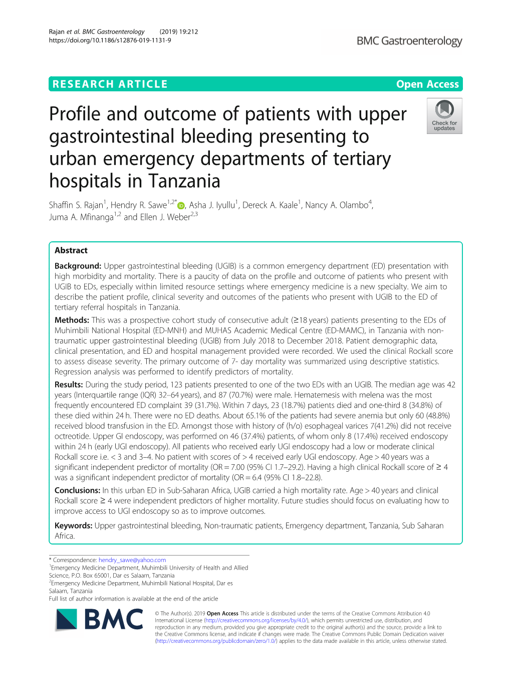 Profile and Outcome of Patients with Upper Gastrointestinal Bleeding Presenting to Urban Emergency Departments of Tertiary Hospitals in Tanzania Shaffin S