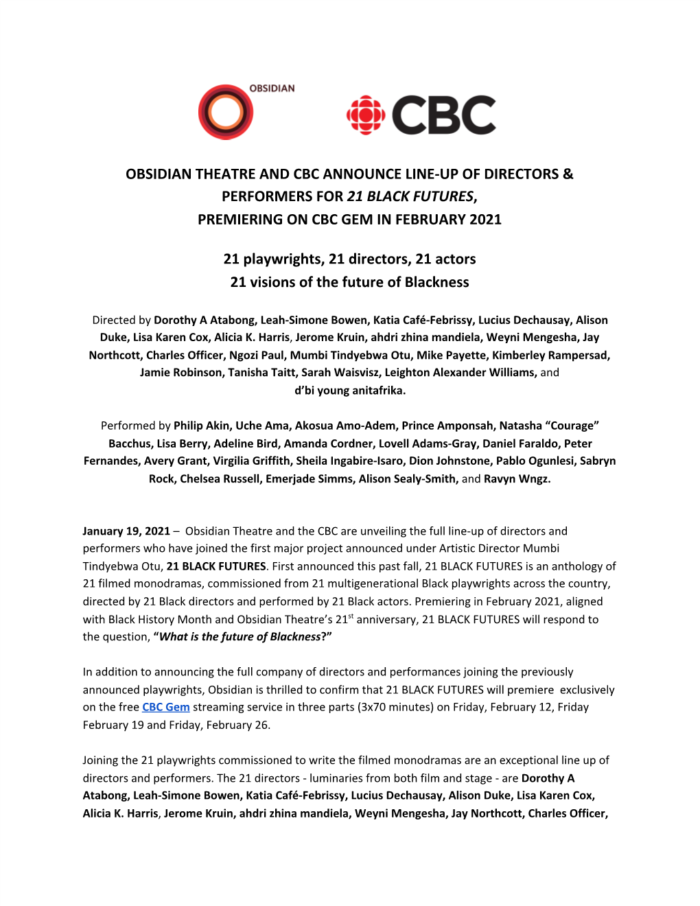 21 Black Futures, ​ ​ Premiering on Cbc Gem in February 2021