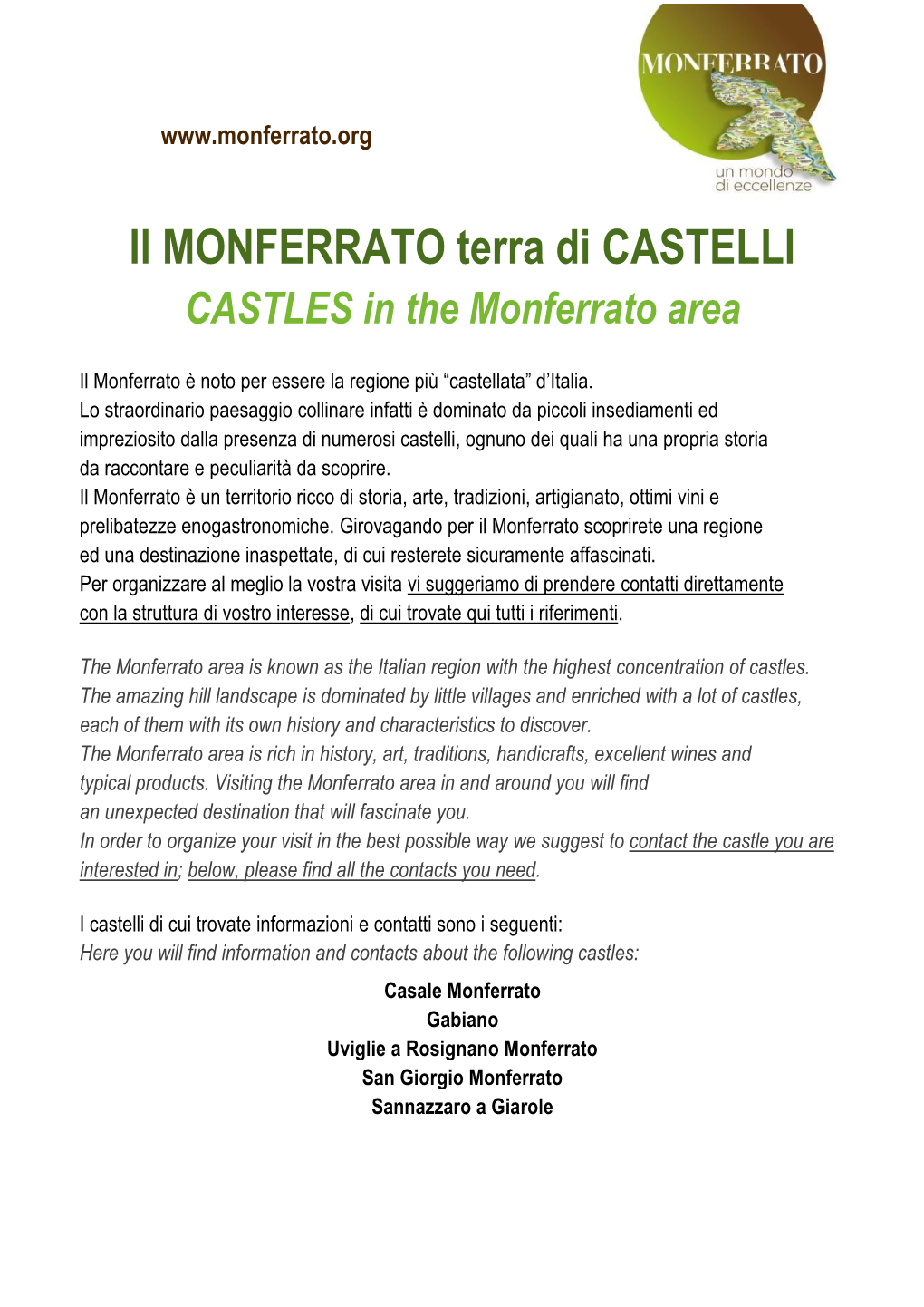 Il MONFERRATO Terra Di CASTELLI CASTLES in the Monferrato Area