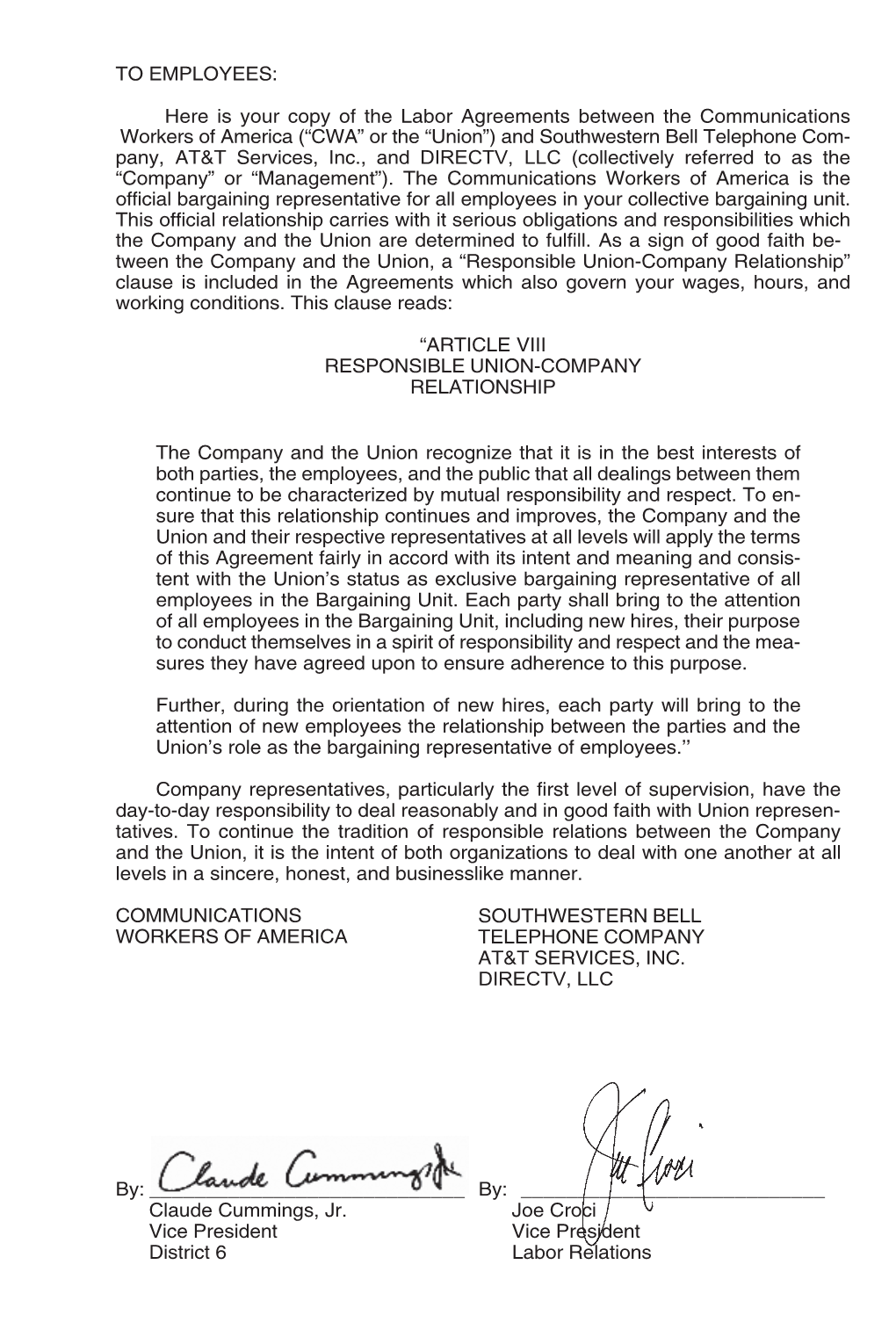 TO EMPLOYEES: Here Is Your Copy of the Labor Agreements Between the Communications Workers of America (“CWA” Or the “Union