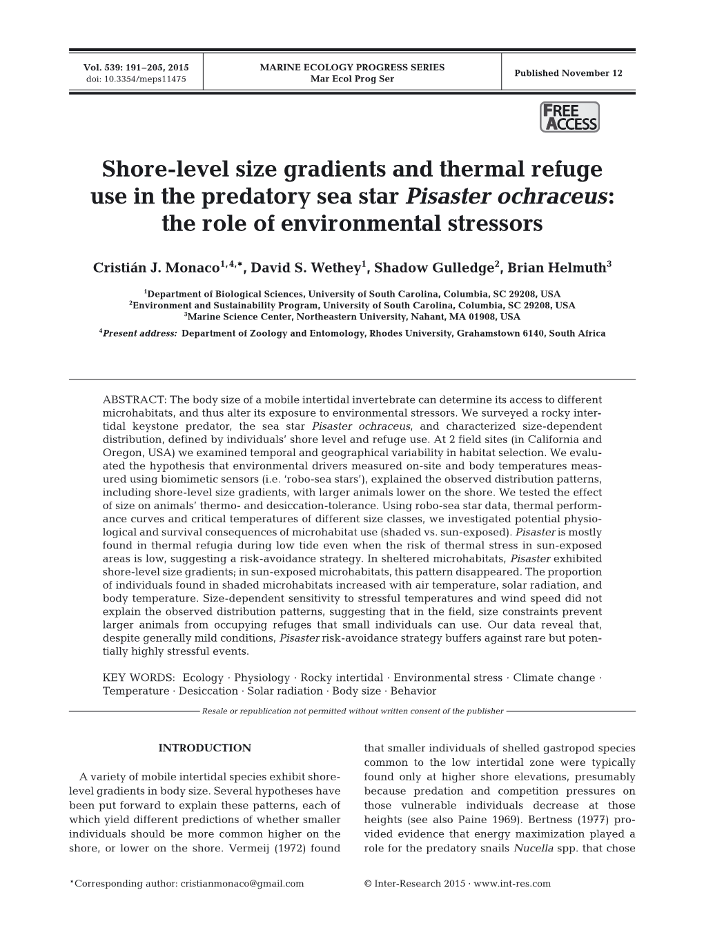 Shore-Level Size Gradients and Thermal Refuge Use in the Predatory Sea Star Pisaster Ochraceus: the Role of Environmental Stressors