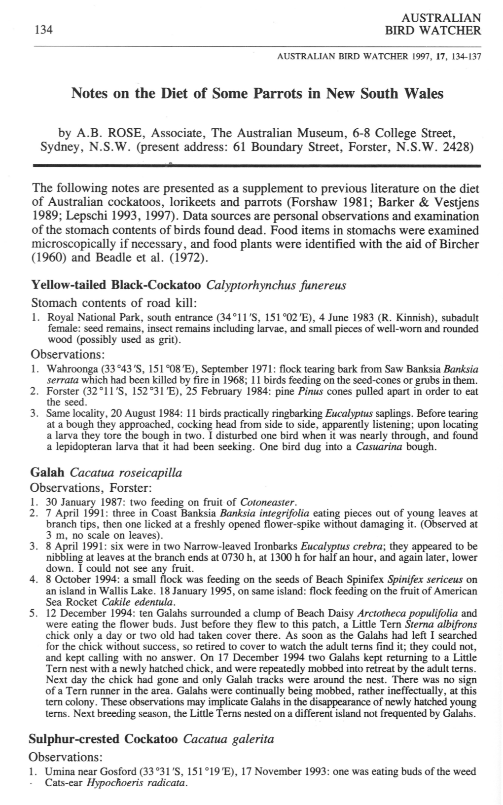 Notes on the Diet of Some Parrots in New South Wales