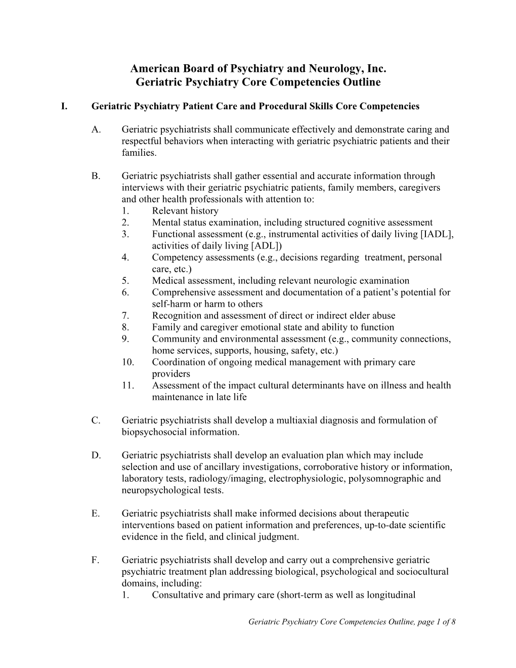 ABPN Geriatric Psychiatry Core Competencies Outline