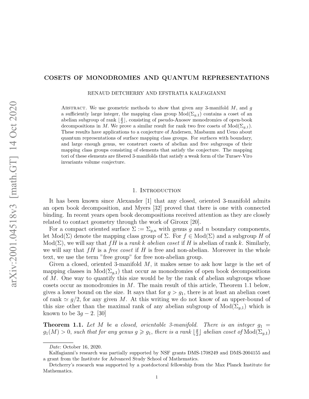 Cosets of Monodromies and Quantum Representations