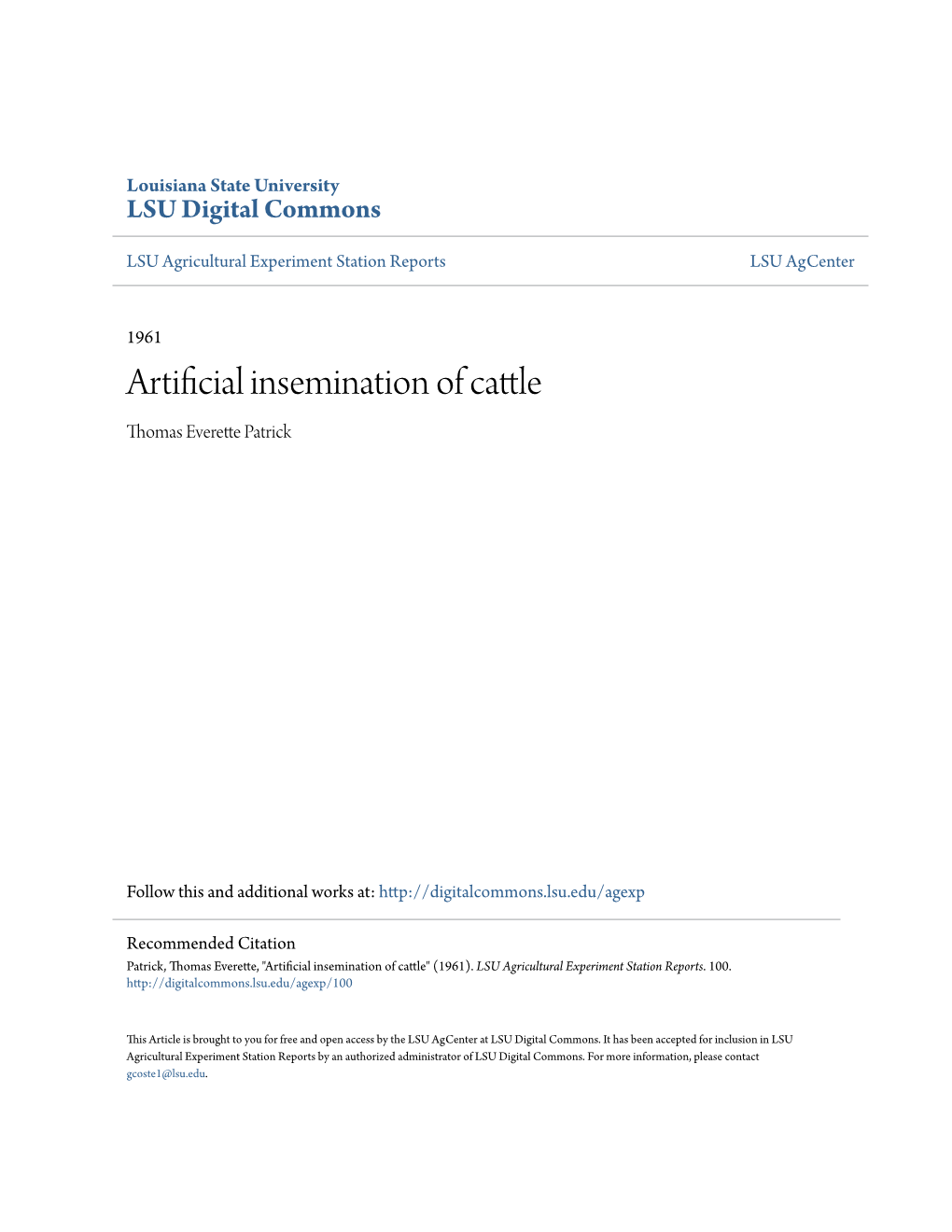 Artificial Insemination of Cattle Thomas Everette Patrick