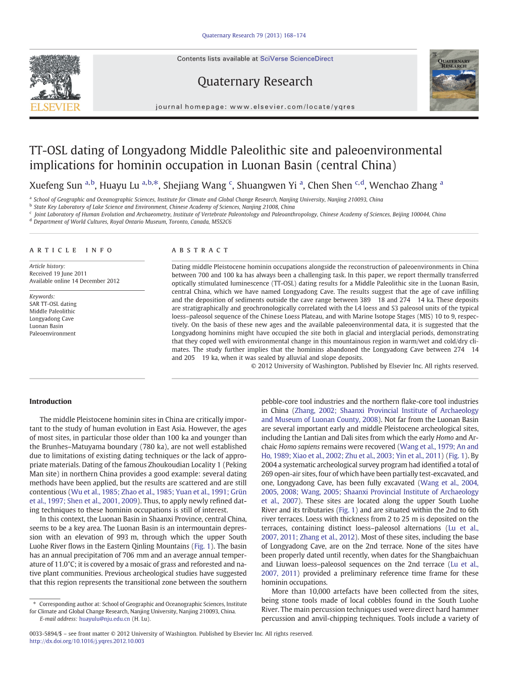 TT-OSL Dating of Longyadong Middle Paleolithic Site and Paleoenvironmental Implications for Hominin Occupation in Luonan Basin (Central China)