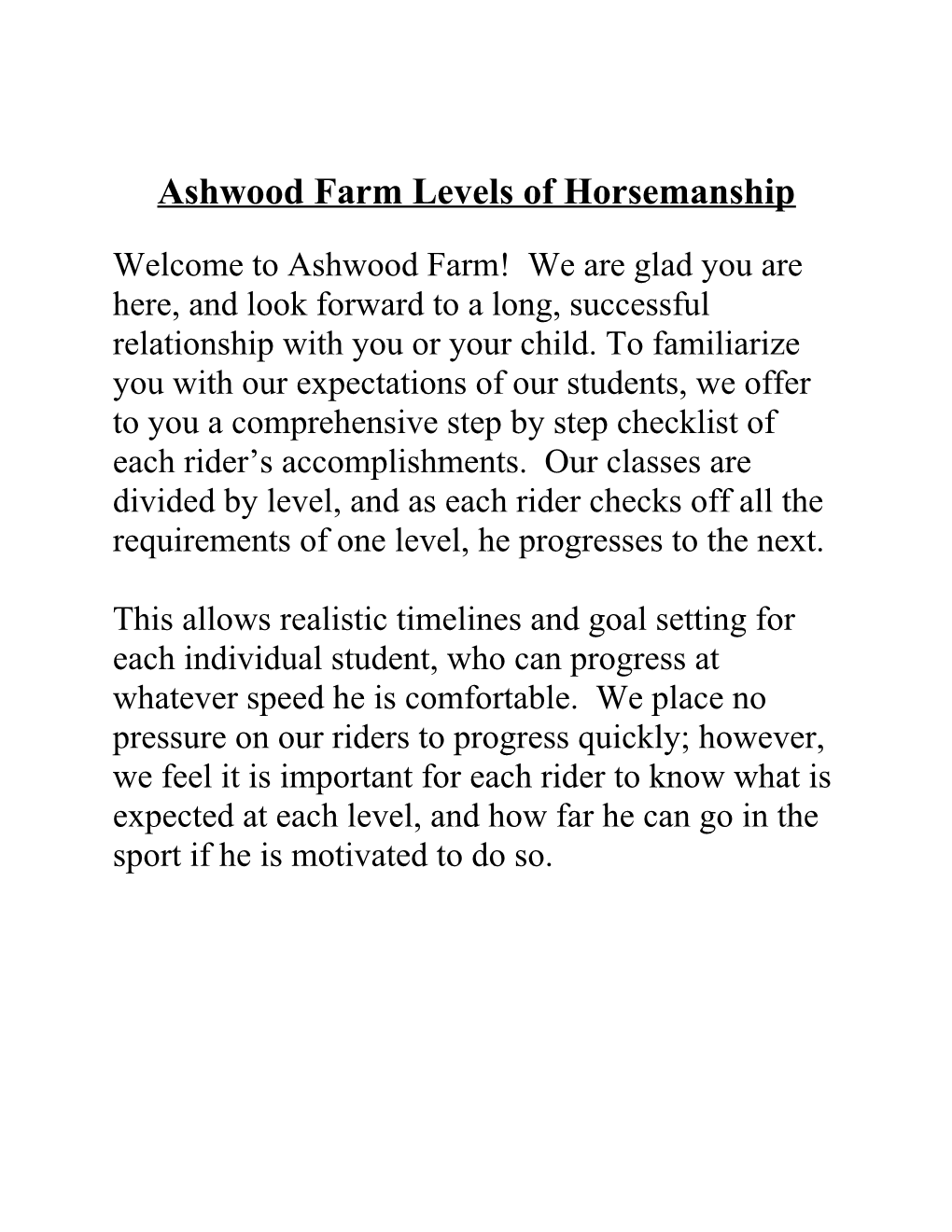 Ashwood Farm Levels of Horsemanship