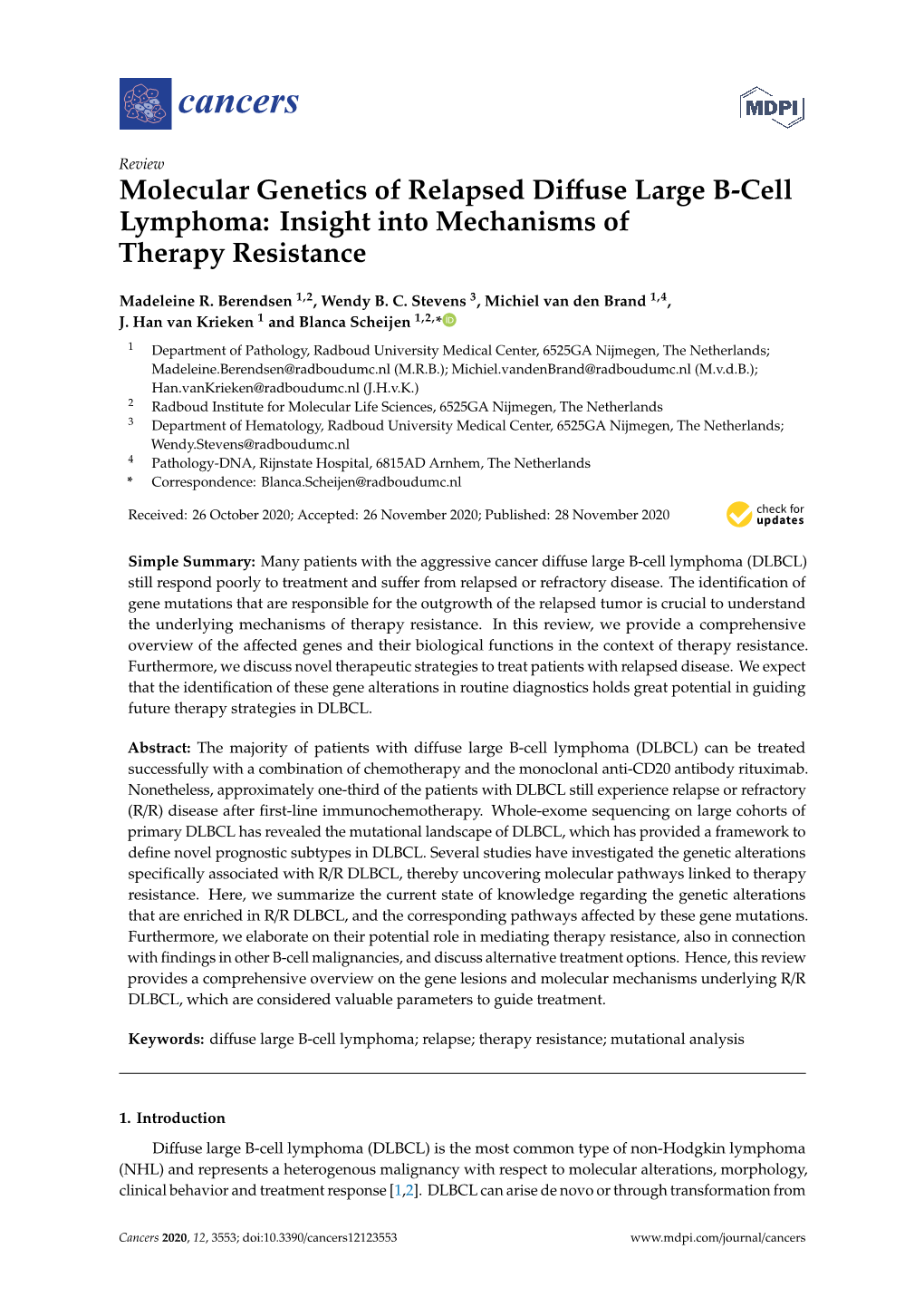 Molecular Genetics of Relapsed Diffuse Large B-Cell