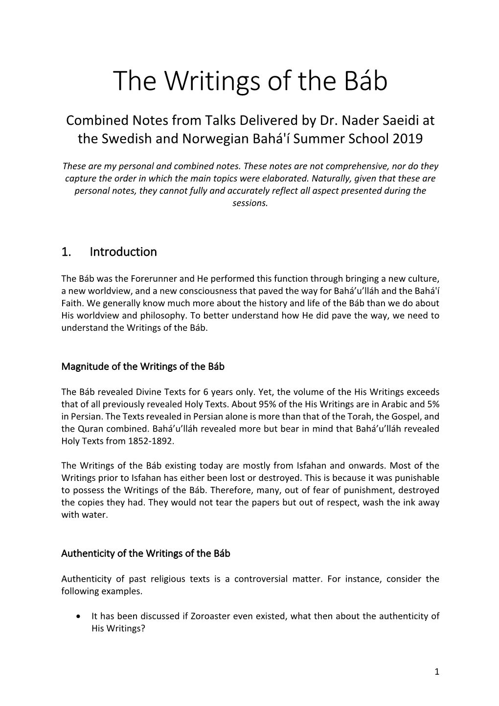 The Writings of the Bab Notes from Talks from Nader Saeidi