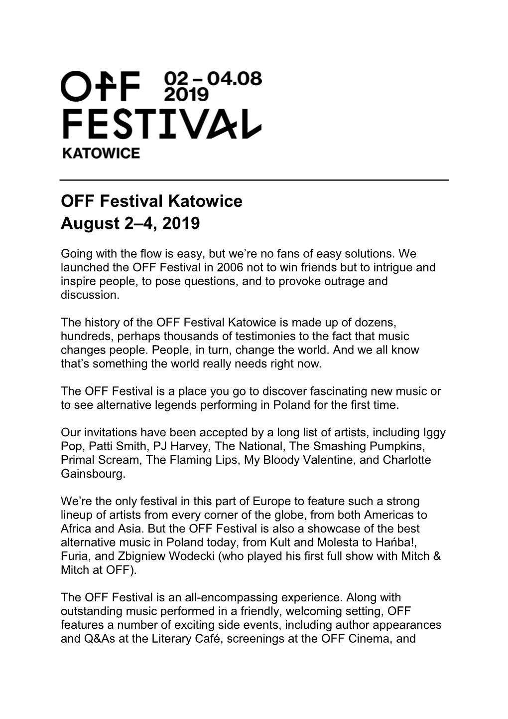 OFF Festival Katowice August 2–4, 2019