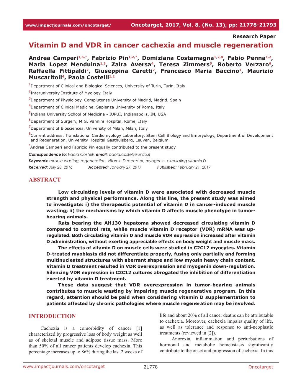 Vitamin D and VDR in Cancer Cachexia and Muscle Regeneration