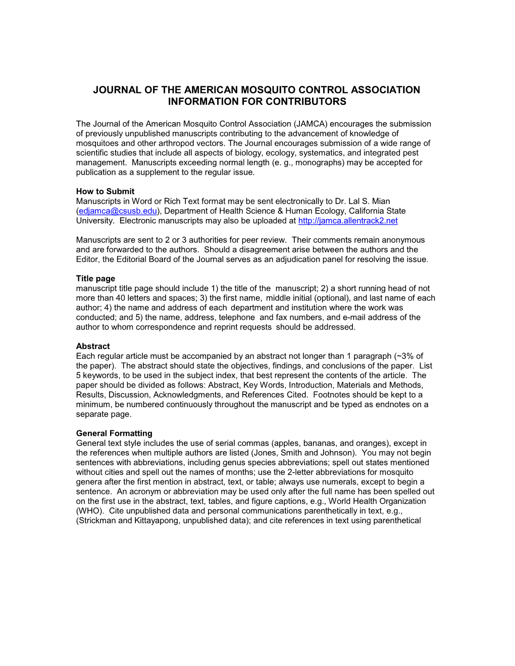 Journal of the American Mosquito Control Association Information for Contributors