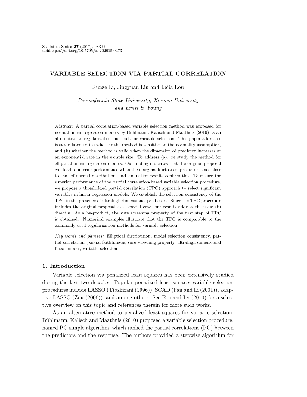 Variable Selection Via Partial Correlation