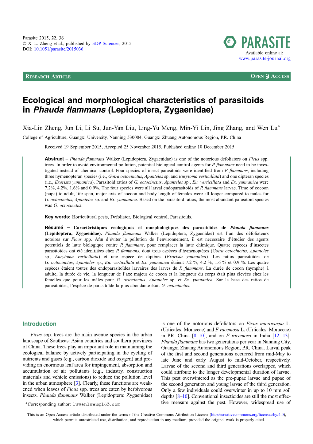 Ecological and Morphological Characteristics of Parasitoids in Phauda Flammans (Lepidoptera, Zygaenidae)