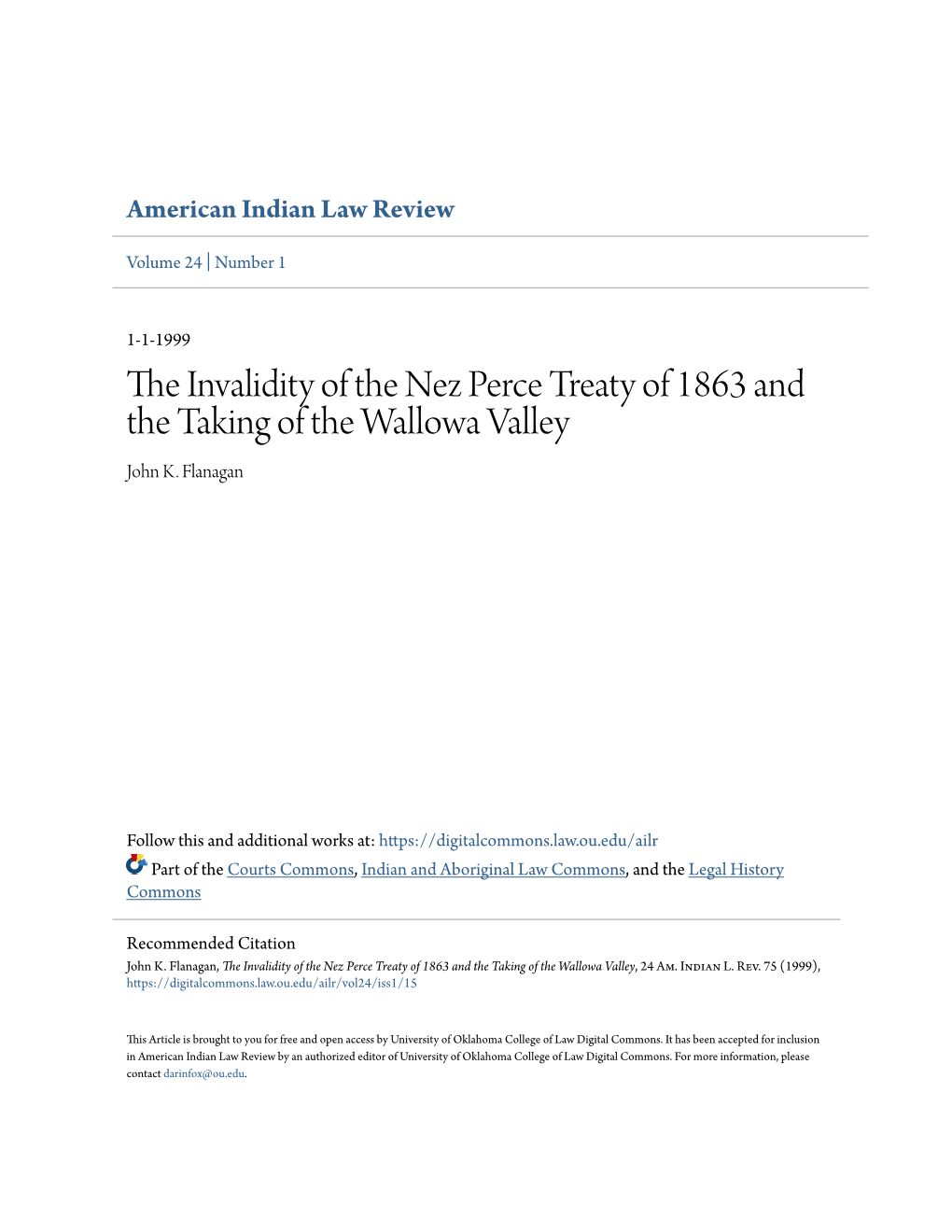 The Invalidity of the Nez Perce Treaty of 1863 and the Taking of the Wallowa Valley, 24 Am