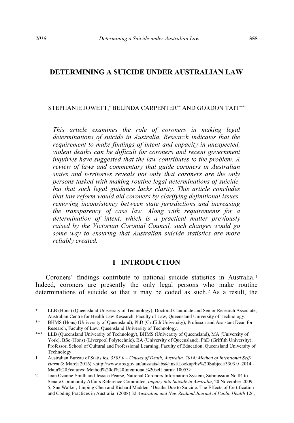 Determining a Suicide Under Australian Law I Introduction