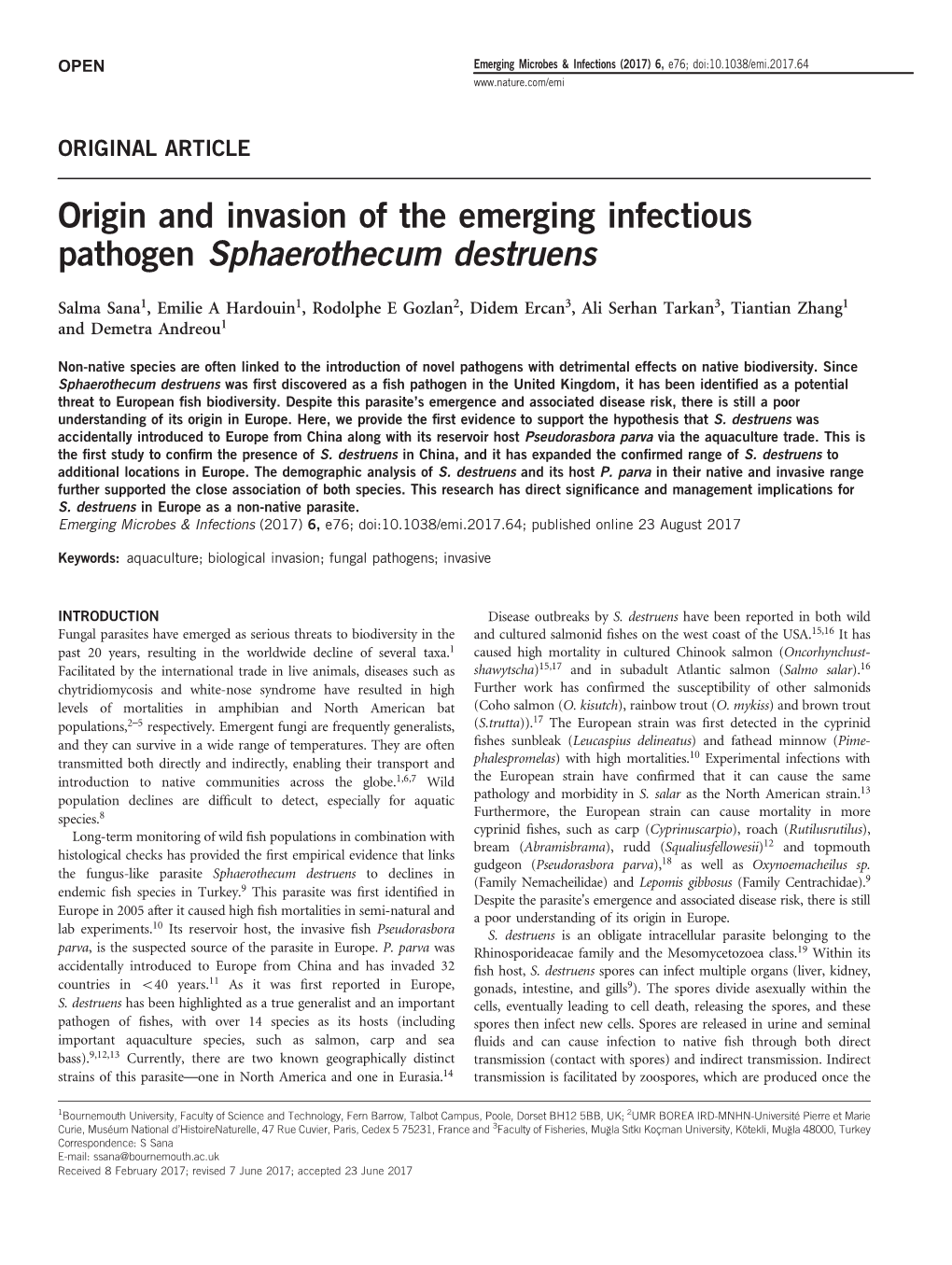 Origin and Invasion of the Emerging Infectious Pathogen Sphaerothecum Destruens