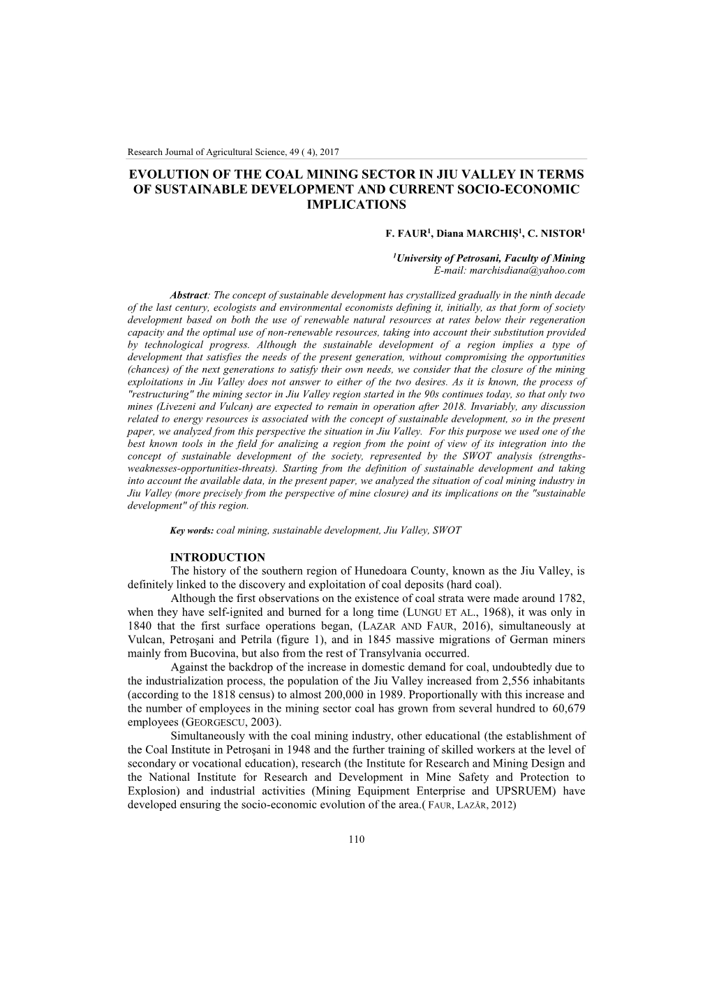 Evolution of the Coal Mining Sector in Jiu Valley in Terms of Sustainable Development and Current Socio-Economic Implications