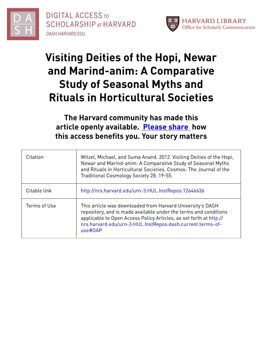 Visiting Deities of the Hopi, Newar and Marind-Anim: a Comparative Study of Seasonal Myths and Rituals in Horticultural Societies