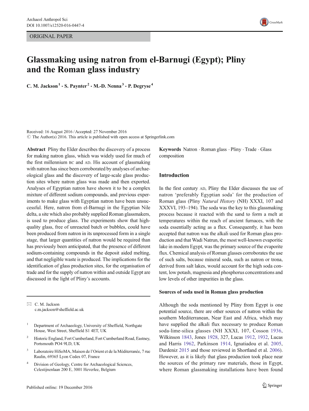 Glassmaking Using Natron from El-Barnugi (Egypt); Pliny and the Roman Glass Industry