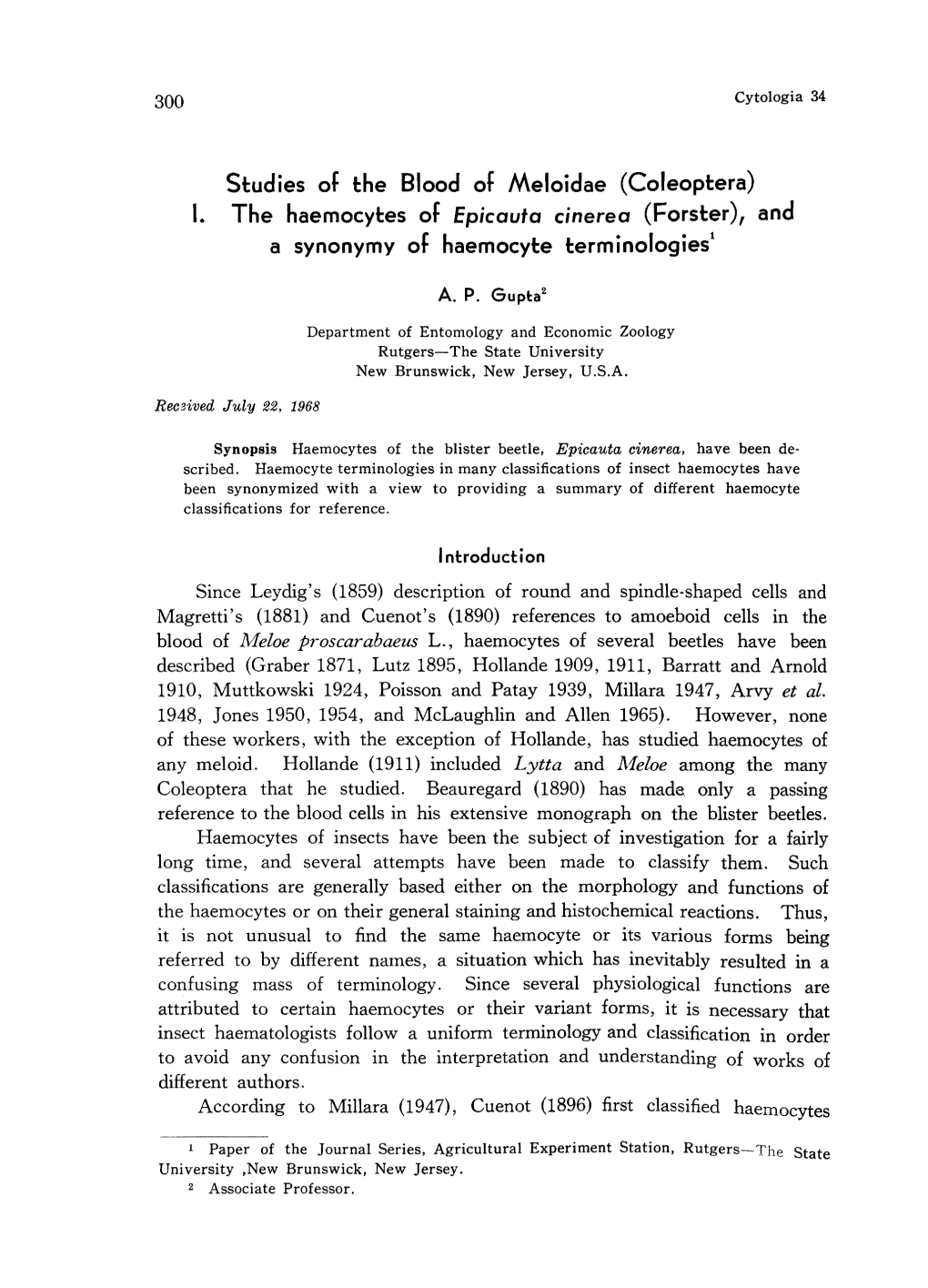 Studies of the Blood of Meloidae (Coleoptera) 1. the Haemocytes of Epicauta Cinerea (Forster), and a Synonymy of Haemocyte Terminologies1