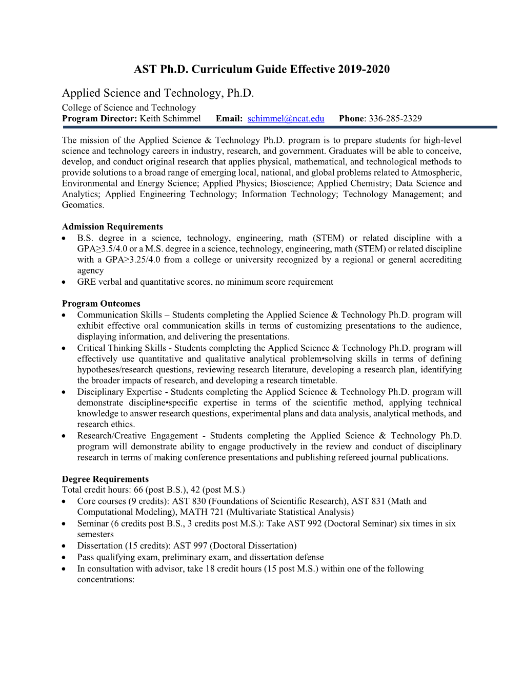 AST Ph.D. Curriculum Guide Effective 2019-2020 Applied Science and Technology, Ph.D