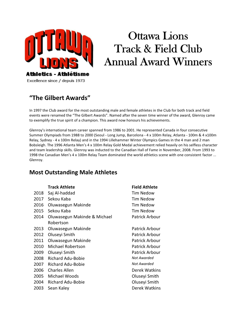 Ottawa Lions Track & Field Club Annual Award Winners