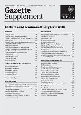 Lectures and Seminars Hilary Term 2012