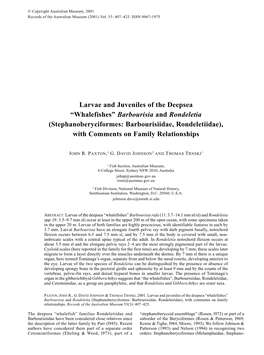 Stephanoberyciformes: Barbourisiidae, Rondeletiidae), with Comments on Family Relationships