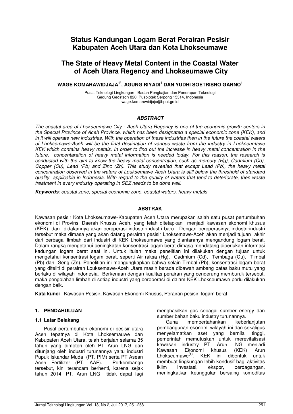 Status Kandungan Logam Berat Perairan Pesisir Kabupaten Aceh Utara Dan Kota Lhokseumawe