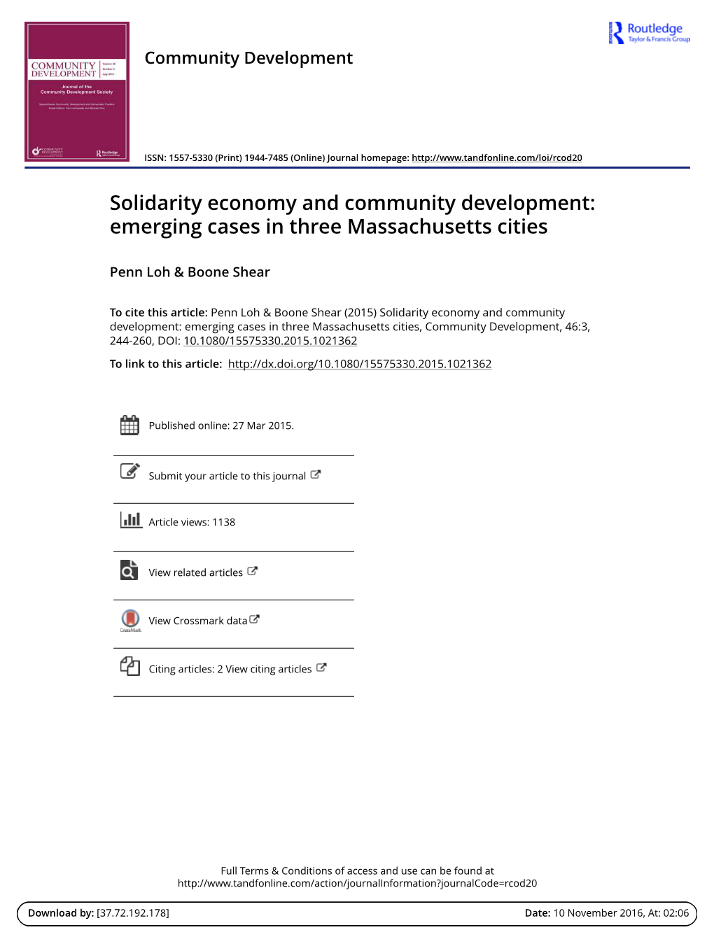 Solidarity Economy and Community Development: Emerging Cases in Three Massachusetts Cities