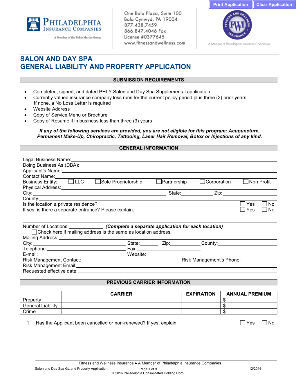 Salon and Day Spa General Liability and Property Application