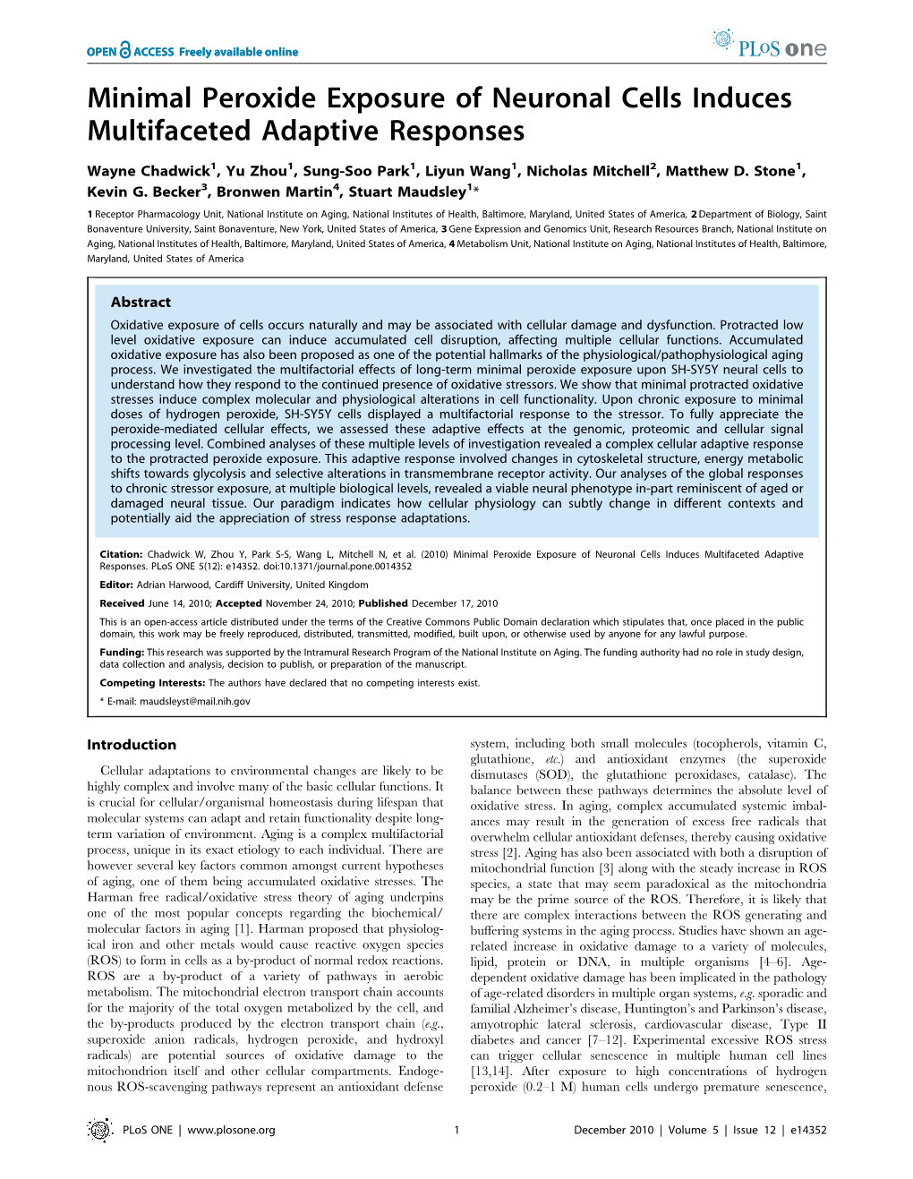 Minimal Peroxide Exposure of Neuronal Cells Induces Multifaceted Adaptive Responses