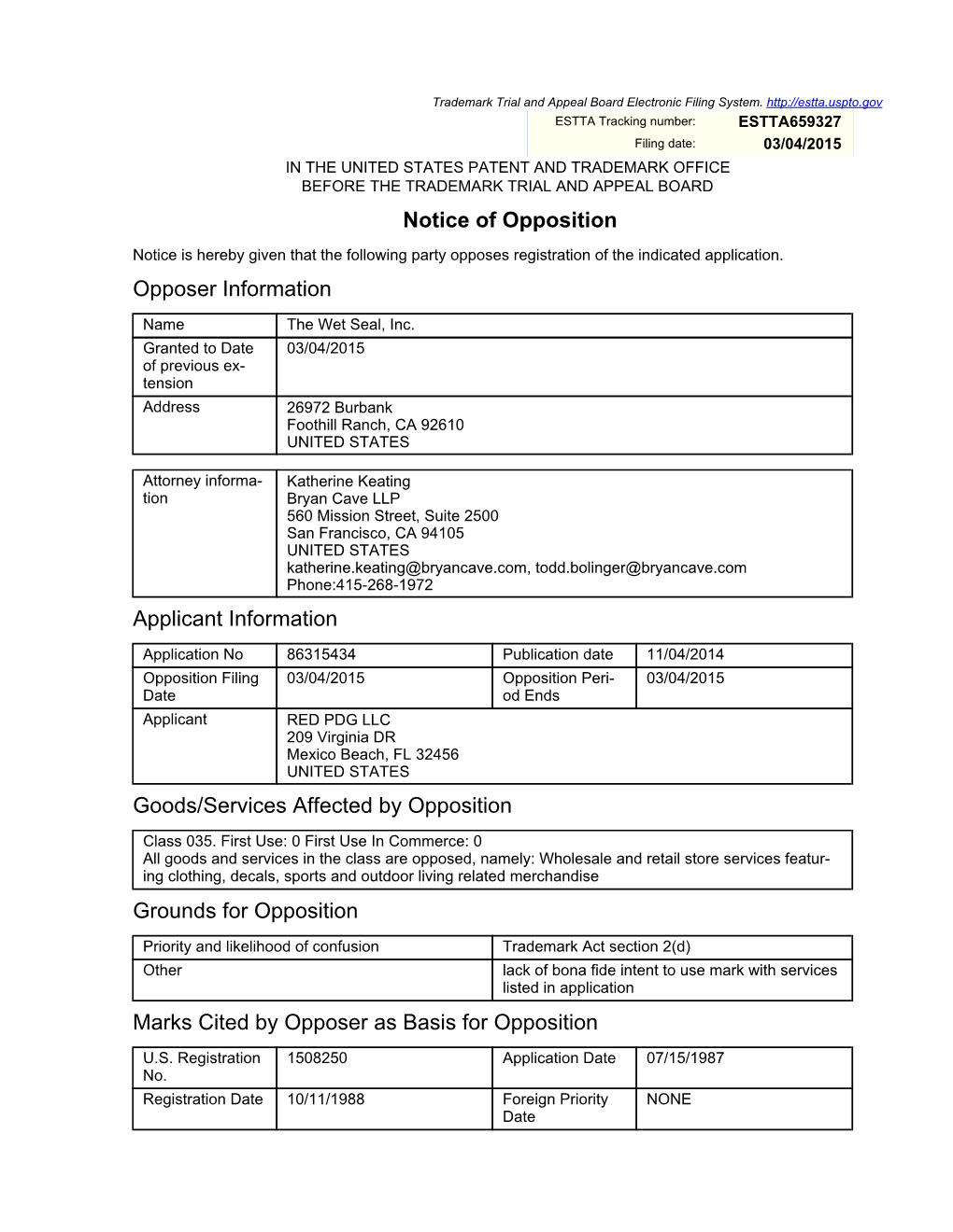 Notice of Opposition Opposer Information Applicant Information Goods/Services Affected by Opposition Grounds for Opposition Mark