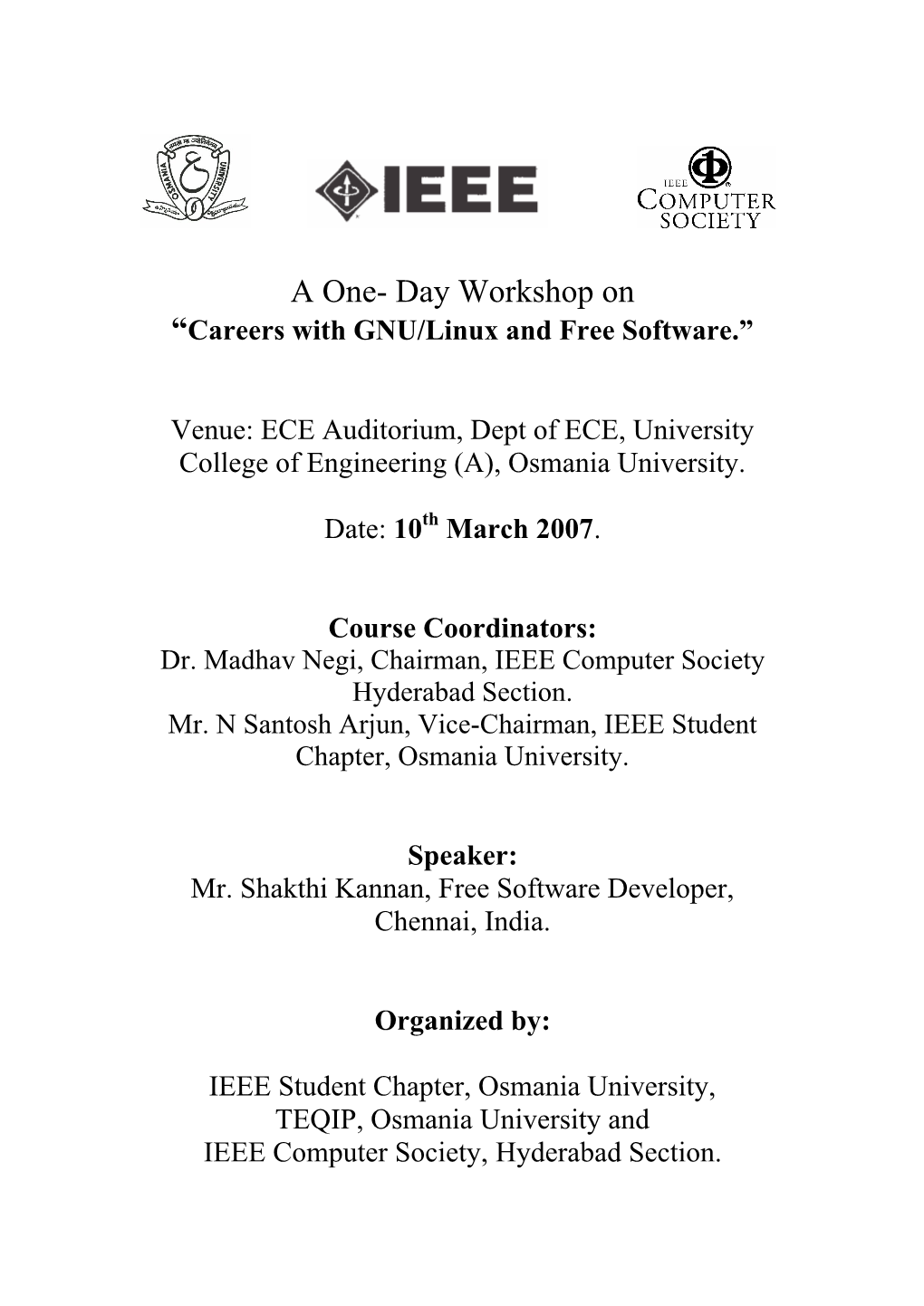 A One- Day Workshop on “Careers with GNU/Linux and Free Software.”