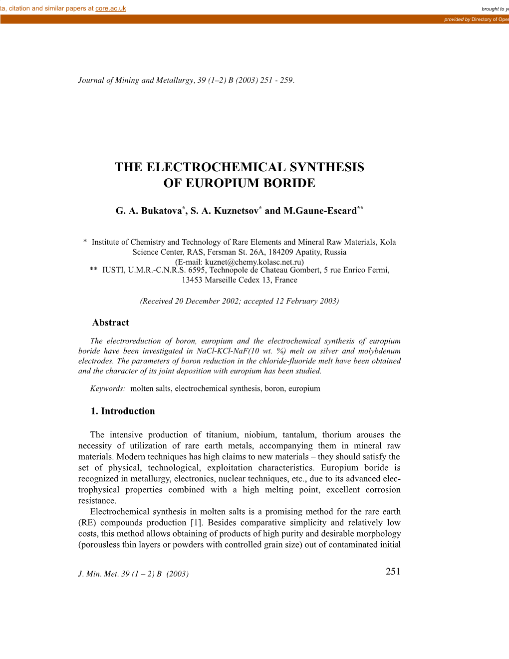 The Electrochemical Synthesis of Europium Boride