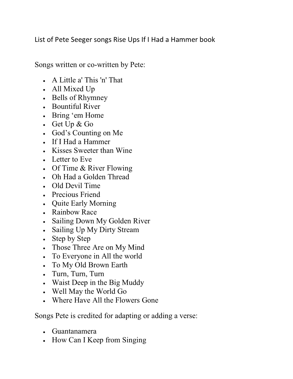 List of Pete Seeger Songs Rise Ups If I Had a Hammer Book Songs Written