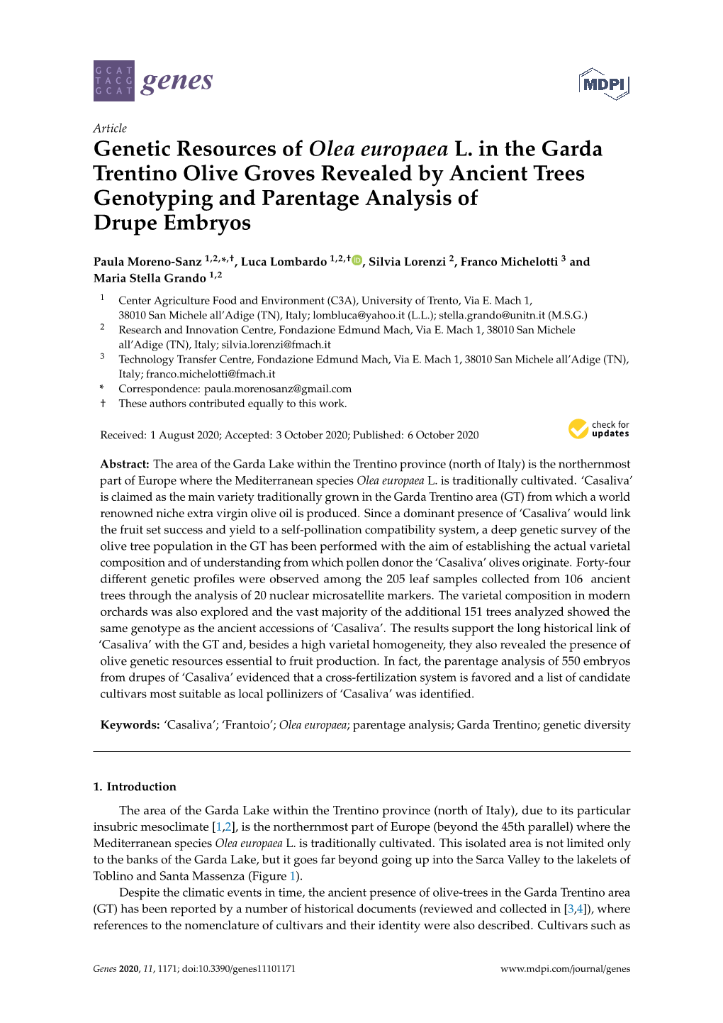 Genetic Resources of Olea Europaea L. in the Garda Trentino Olive Groves Revealed by Ancient Trees Genotyping and Parentage Analysis of Drupe Embryos