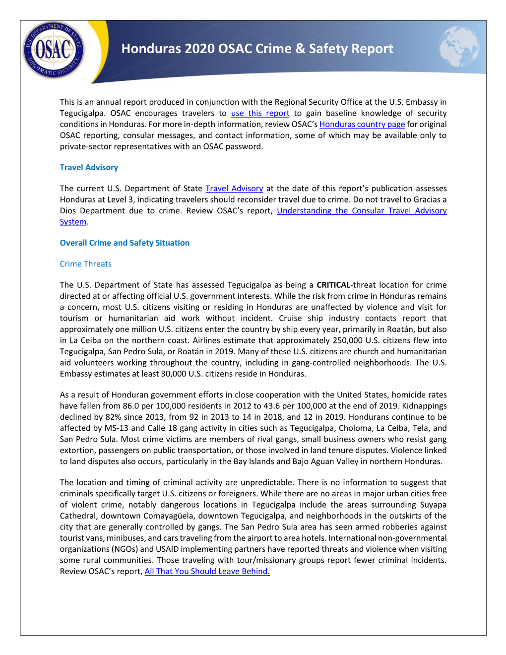 Honduras 2020 OSAC Crime & Safety Report DocsLib