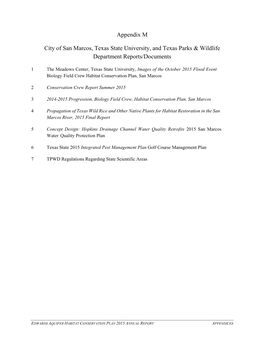 Appendix M City of San Marcos, Texas State University, and Texas Parks & Wildlife Department Reports/Documents